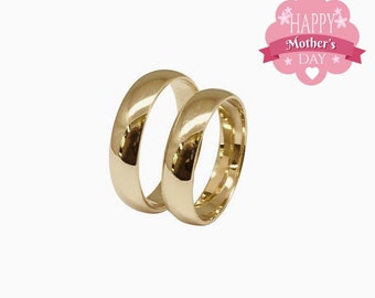 His and hers-Gold domed wedding bands set-14k solid yellow gold-4.5 x 1.3 mm -Smooth shinny finish.