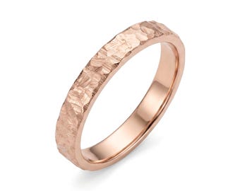 14K Rose Gold Hammered Ring, Textured Band, Minimalist Stackable Wedding Ring