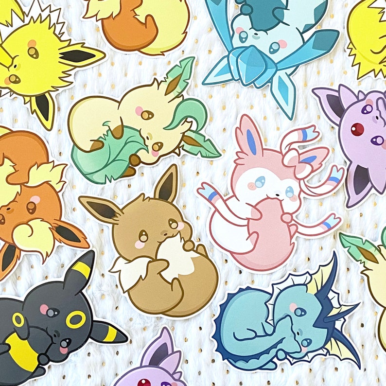 Cute Chubby Eevee Sylveon Leafeon Eeveelution Kawaii Animal Fox 8cm Gloss Vinyl Notebook Laptop Phone Sticker Full Set of 9