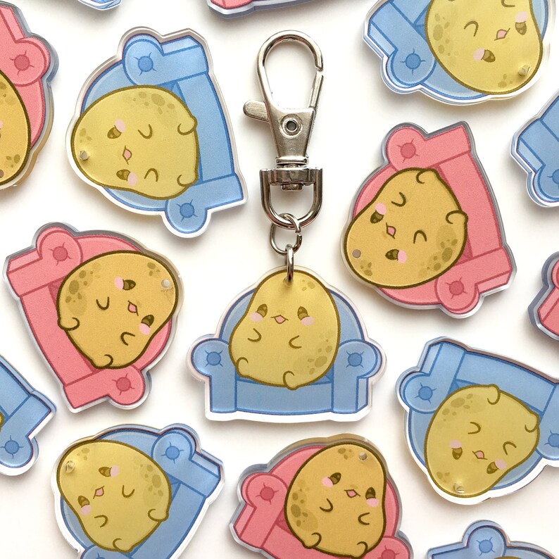 Couch Potato Buddy Cute Fat Spud Veggie Vegan Kawaii Food 15 Double Sided Clear Acrylic Charm Keychain - 