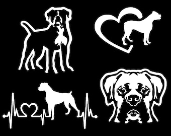 May include: Black and white silhouette of a Boxer dog with a heart and heartbeat graphic. The dog is standing on all four legs with its head held high. The heart is red and the heartbeat is a stylized line.