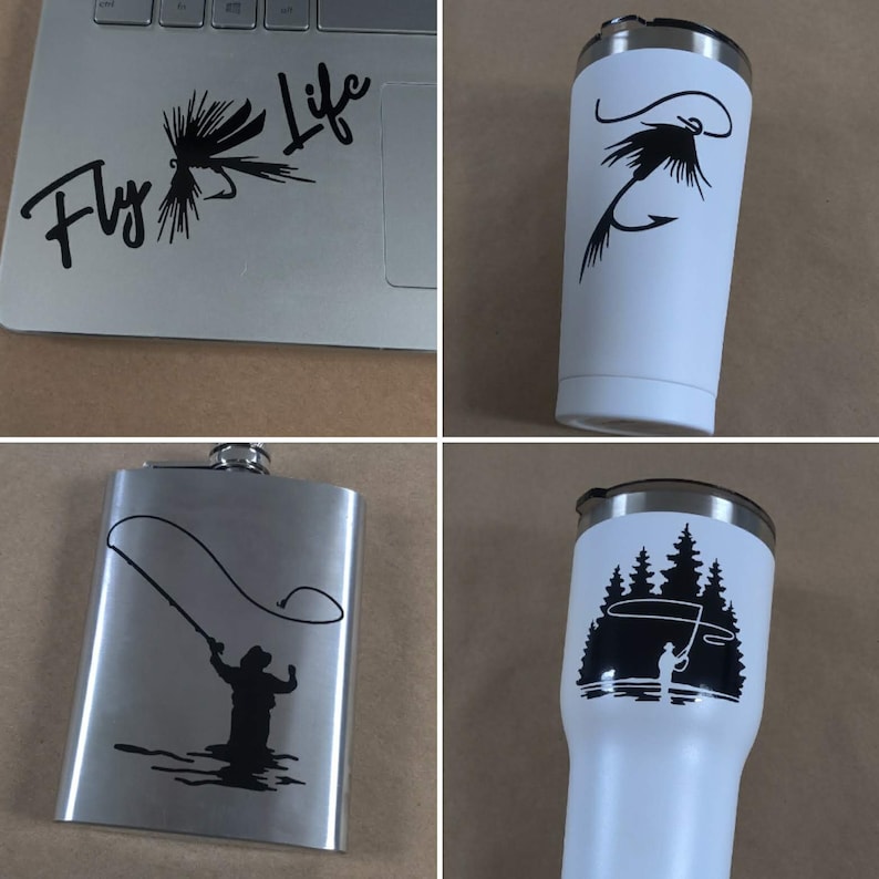 Puede incluir: Cuatro vasos blancos diferentes con dise&ntilde;os negros. Los dise&ntilde;os incluyen un se&ntilde;uelo de pesca con mosca, un se&ntilde;uelo de pesca con mosca con el texto "Fly Life", una silueta de una persona pescando con mosca y una silueta de una persona pescando con mosca con &aacute;rboles en el fondo.