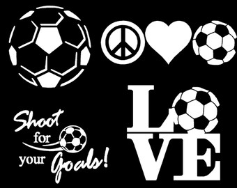 May include: Black and white graphic design with the word "LOVE" in large letters with a soccer ball in the "O".  The graphic also includes a peace sign, a heart, and a soccer ball.  The text "Shoot for your goals!" is written in a cursive font with a soccer ball.