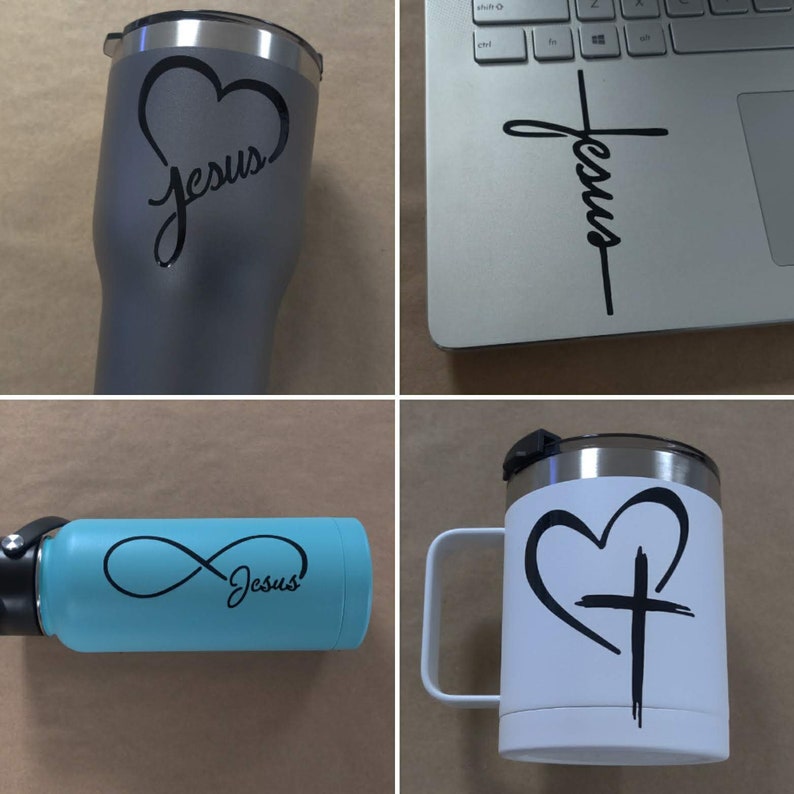 May include: Four different stainless steel tumblers with various designs featuring the word "Jesus". The designs include a heart with the word "Jesus" inside, a cross with the word "Jesus" written vertically, an infinity symbol with the word "Jesus" next to it, and a heart with a cross inside.