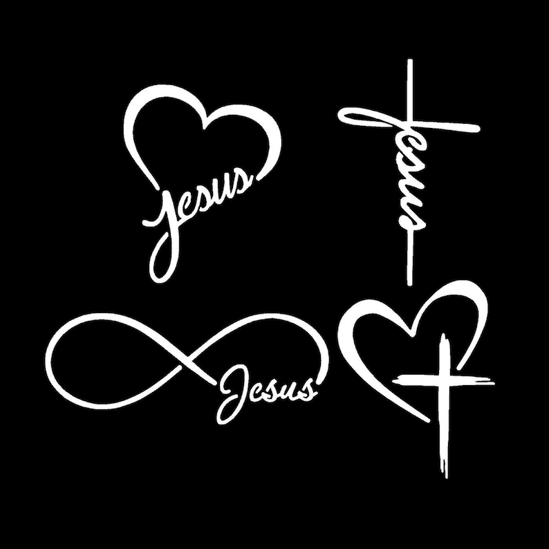 May include: Four different designs featuring the word "Jesus" in a white cursive font. The designs include a heart with the word "Jesus" inside, an infinity symbol with the word "Jesus" inside, a cross with the word "Jesus" written vertically, and a heart with a cross inside.
