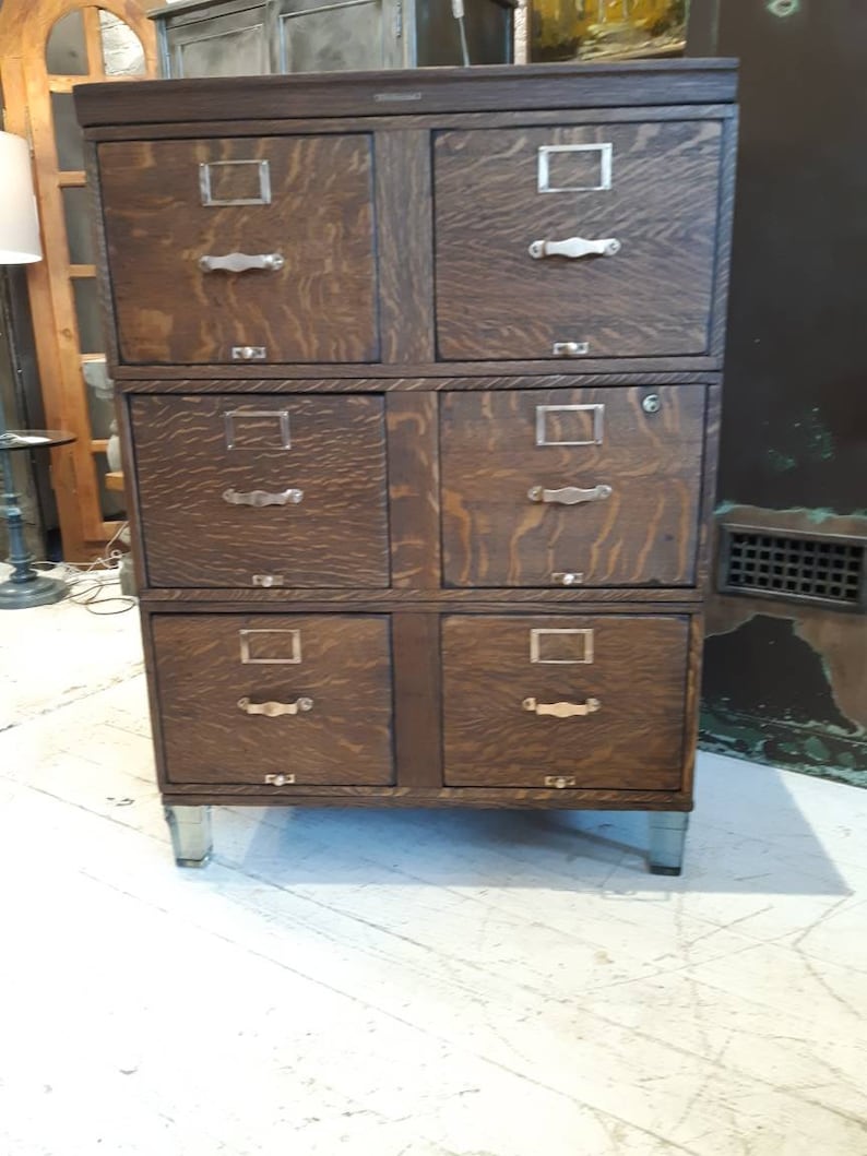 Vintage industrial oak filing cabinet image 1