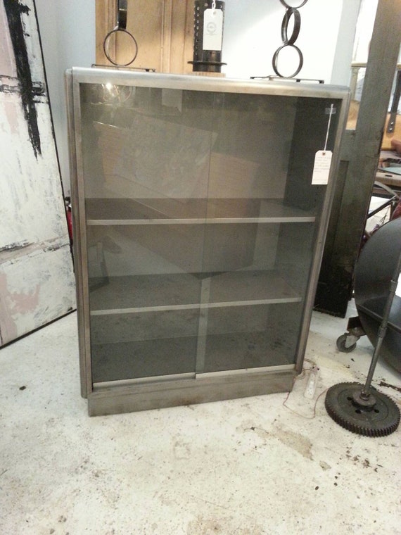 Vintage Industrial Midcentury Stripped, Industrial Bookcase With Glass Doors