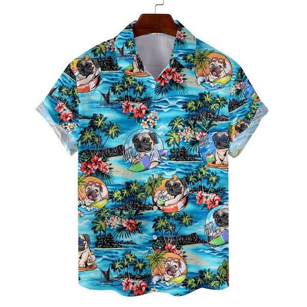 Mops & Dackel Hund Hawaiihemden für Männer Frauen, Hundeliebhaber Shirt, Tropial Hawaiian Button-Down-kurze Ärmel, Hundeliebhaber Geschenk Shirt