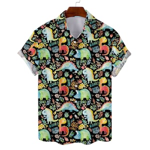 Cute Dinosaur Hawaiian Shirts for Men Women, Dinosaur Summer Aloha Button Down Short Sleeves Men’s Hawaiian, Dinosaur Lovers Gift