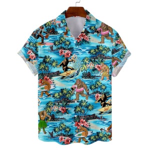 Bigfoot Hawaiian Shirts for Men Women, Tropical Summer Aloha Casual Shirts Button Down Short Sleeve, Sasquatch Shirt