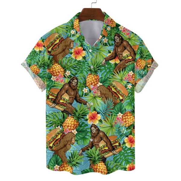 Bigfoot Hamburger Hawaiian Shirts for Men Women, Tropical Fruit Bigfoot Button Down Short Sleeves, Tropical Sasquatch Shirt For Men