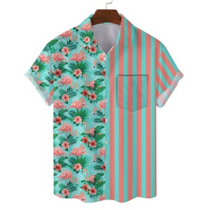 Flamingo Hawaiian Shirts With Pocket For Men Women, Tropical Flamingo Pink Stripe Pattern Button Down Short Sleeve