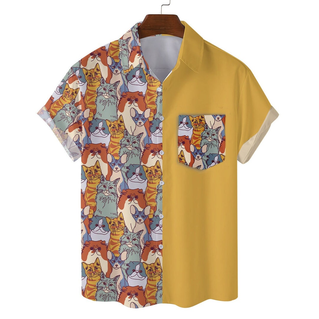 Cat Art Hawaiian Shirts for Men Women With Pocket, Cat Mens Hawaiian