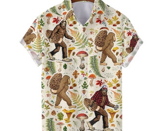 Bigfoot Mushroom Hawaiian Shirts for Men Women – Bigfoot with Morel Mushroom Button Down Short Sleeves