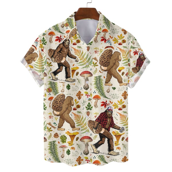 Bigfoot Mushroom Hawaiian Shirts for Men Women – Bigfoot with Morel Mushroom Button Down Short Sleeves