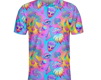 Neon Alien und Pilz Hawaiihemd für Männer Frauen, psychedelische Pilz Hawaiihemd, Alien Hemd Button Up