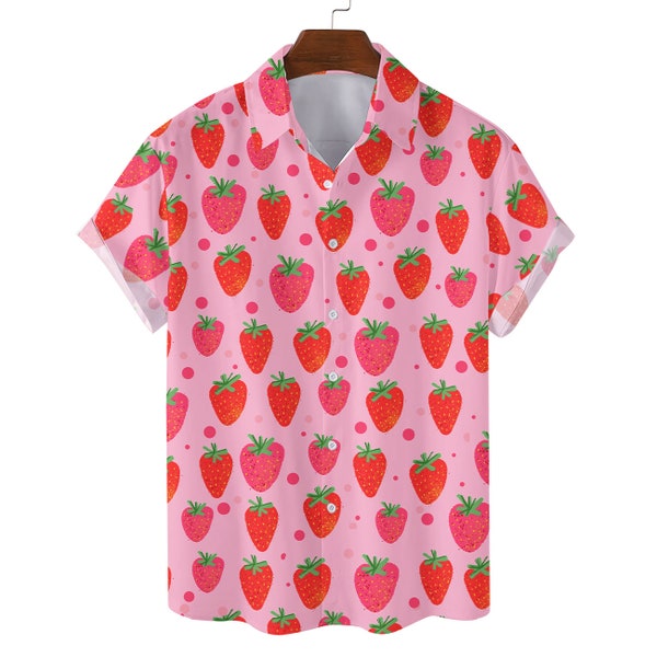 Strawberry Hawaiian Shirts for Women Men, Cute Pink Strawberry Hawaiian Shirt Button Down Short Sleeves