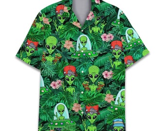 Tropical Alien Hawaiian Shirt for Men Women, Tropical Summer Beach Aloha Button Down Short Sleeves, Alien Shirts, Alien Lover Gift