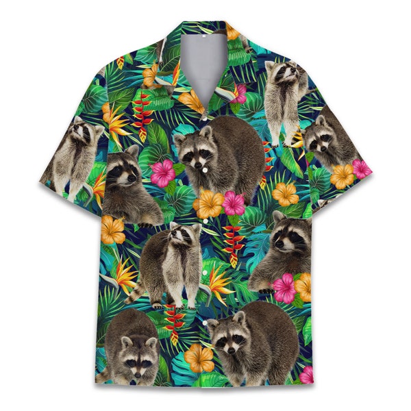 Tropical Raccoon Hawaiian Shirt For Men Women, Animal Casual Mens Hawaiian Shirt Button Down Short Sleeve, Women Raccoon Tee, Raccoon Lovers