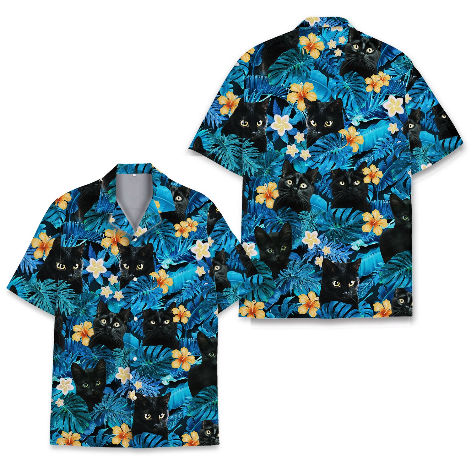 Tropical Cat Hawaiian Shirts for Men Women, Black Cat Shirt Mens Casual Shirt Button Down Short Sleeve, Cat Lover Gift Shirt