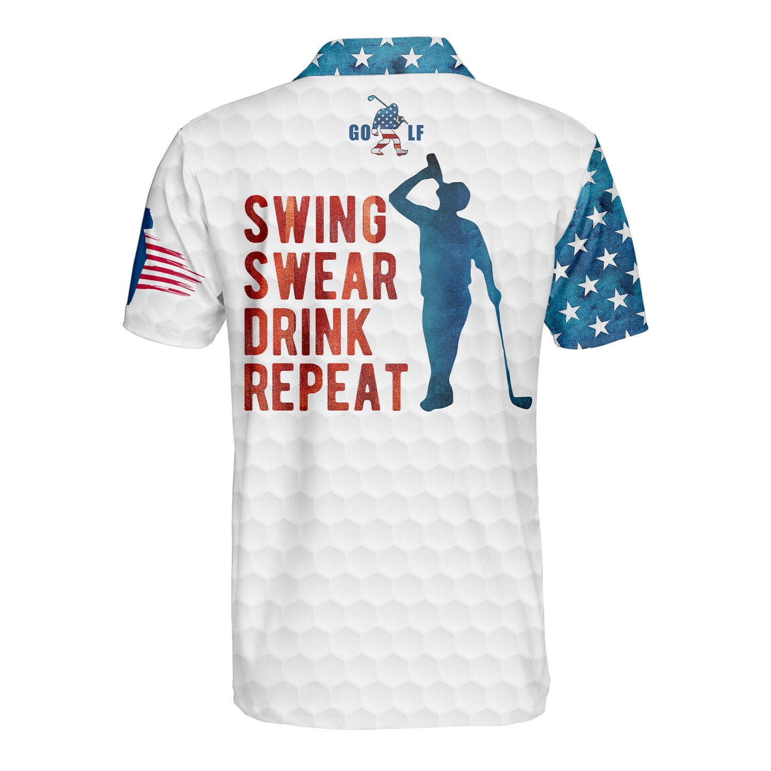 Bigfoot Golf American Flag Polo Shirt Swing Swear Drink Repeat Golf Player Patriotic Golf Polo Shirt