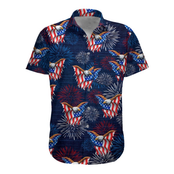 USA Eagle American Flag Hawaiian Shirts for Men Women, Patriotic 4th Of July Button Up Short Sleeve Men's Hawaiian, Independence Day Shirt