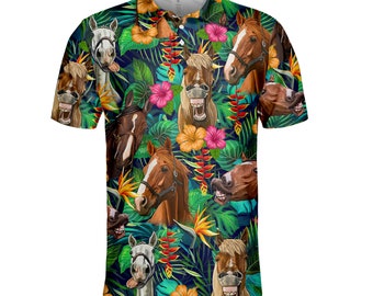 Horse Polo Shirts for Men Women, Horse Golf Player Tropical Golf Polo Shirt Mens Button Down Short Sleeve, Horse Shirt for Horse Lovers