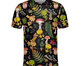Alien And Mushroom Poloshirts für Herren, Magic Mushroom Poloshirt, Alien Shirt Herren Golf Poloshirt