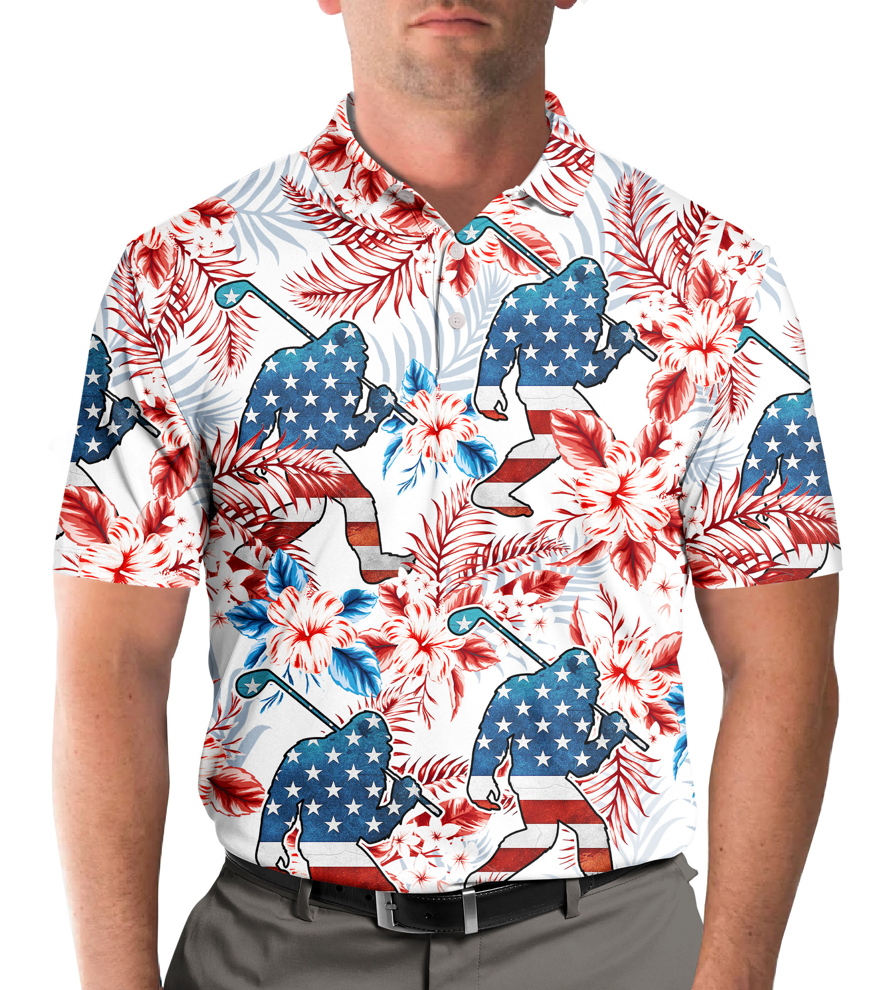 Discover Bigfoot American Flag Golf Polo Shirts for Men, Bigfoot Sasquatch Golf Player