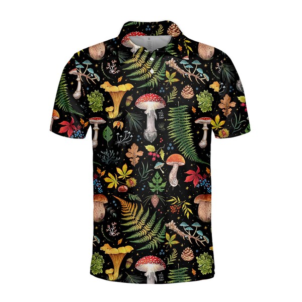 Mushroom Polo Shirts For Men, Tropical Mushroom Botanical Gift Shirt Button Down Short Sleeve, Mycology Polo Shirt, Mushroom Lovers Gift