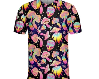 Neon Alien und Pilz Hawaiihemd für Männer Frauen, psychedelisches Pilz Hawaiihemd, Alien Shirt Button Up