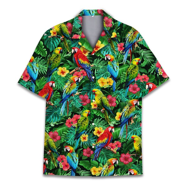 Tropical Parrot Hawaiian Shirts for Men Women, Parrot Shirt For Men, Summer Aloha Button Down Short Sleeve, Bird Lover Shirt