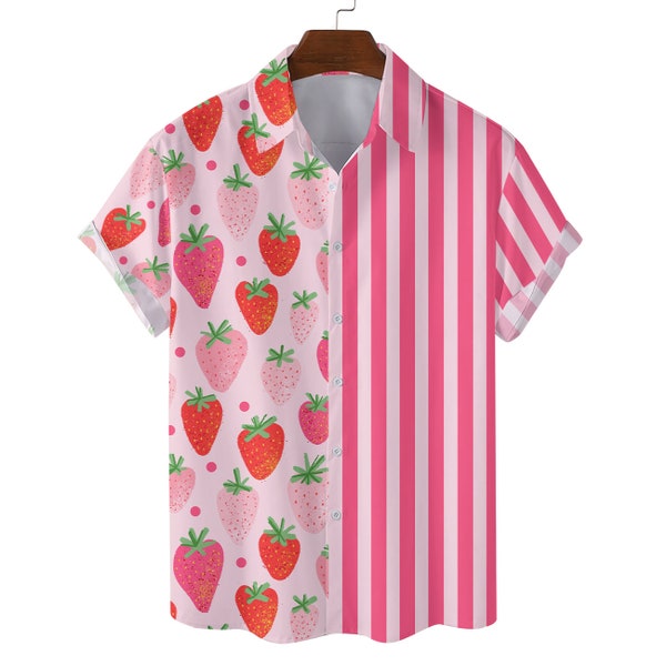 Strawberry Hawaiian Shirts for Women Men, Cute Pink Strawberry Hawaiian Shirt Button Down Short Sleeves