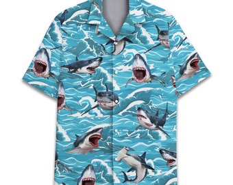 Shark Hawaiian Shirt For Men Women, Shark Shirt Men Summer Beach Button Down Short Sleeve, Shark Gifts For Men, Aloha Shirt, Summer Vibes