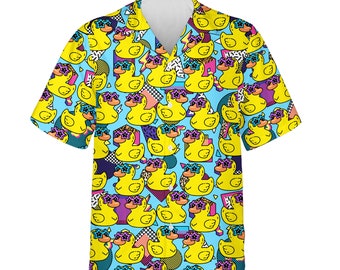 Retro Duck Hawaiian Shirts for Men Women, Aloha Summer Beach Duck Shirt Button Down, Rubber Duck Hawaiian Shirt, Retro 80s 90s Outfits