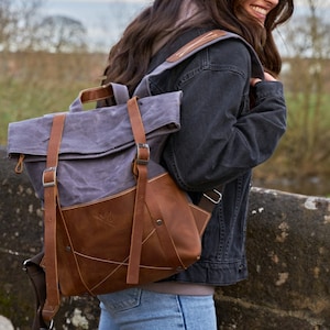 Waxed Canvas & Reclaimed Leather Backpack | Water Resistant Travel Rucksack | Gift For Him | Gift For Her | Back to School | University Bag