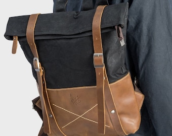 Black Waxed Canvas Backpack | Water Resistant Vintage Bag | Men Womens Rucksack | Gift for Him | Gift for Her