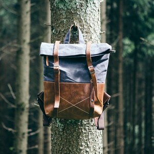 Thames Grey Canvas Backpack | Durable Leather Rucksack | Modern 17in Laptop Bag | Aesthetic Large Travel Bag | Unisex