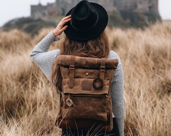 Wax Canvas Backpack - Waxed Canvas Vintage Leather Backpack | Canvas Rucksack | Rolltop Backpack | Wax Canvas Bag Brown