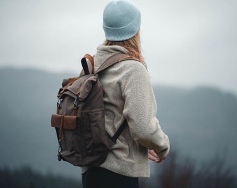 Tay Taupe Canvas Backpack | Medium Reclaimed Leather Rucksack | Stylish 15" Laptop Bag | Green Rolltop Backpack | Unisex Gift