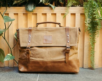 Waxed Canvas Messenger Bag | Tan Laptop Bag | Leather Briefcase | Womens Wax Canvas Messenger Bag | Travel Satchels | Laptop Shoulder Bag