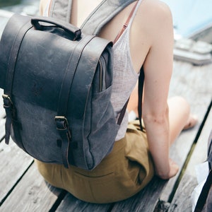 Tamar Canvas Backpack Heavy-Duty Canvas Rucksack Reclaimed Leather Vintage Backpack Canvas Bag Brushed Grey Unisex image 3