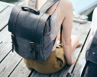 Canvas Backpack | Heavy-Duty Canvas Rucksack | Reclaimed Leather | Vintage Backpack | Canvas Bag Brushed Grey | Travel Rucksack | Unisex