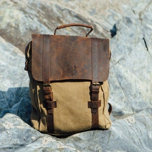 Tamar Brown Canvas Backpack Canvas Vintage Rucksack Reclaimed Leather Backpack Canvas Rucksack Canvas Bag Brown Gift for Him image 2