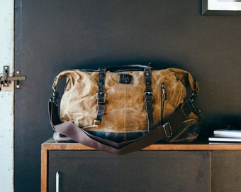 Wax Canvas Duffel Bag | Canvas Holdall | Vintage Bag| Canvas Leather Duffle Bag | Wax Canvas Holdall Tan Brown