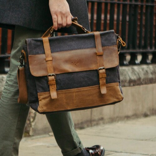 Waxed Canvas Messenger Bag Tan Laptop Bag Leather | Etsy UK