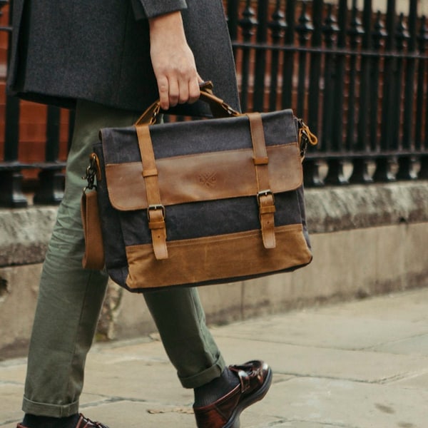 Navy Work Satchel Messenger Bag | Waxed Canvas Laptop Bag | Commuting Shoulder Bag | Briefcase Waxed Bag | Water Resistant | Work Satchel