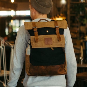Taw Roll Top Black Backpack | Durable Leather Rucksack | Laptop Bag | Aesthetic Large Travel Bag | Adjustable Unisex Backpack | Gift for Him
