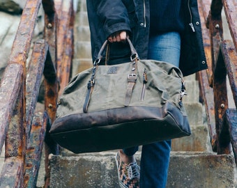 Humber Vintage Duffel Bag | Canvas Holdall | Canvas Weekender | Canvas Leather Duffle Bag | Waxed Canvas Holdall Moss Green | Gift for Him