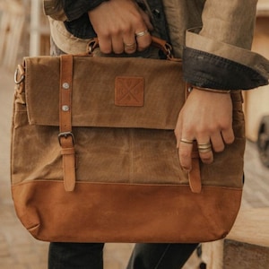 Waxed Canvas Satchel | Shoulder Bag For Man | Leather and Canvas Messenger Bag  | Work Bag | Gift for Him | Sustainable Gift | Laptop Bag
